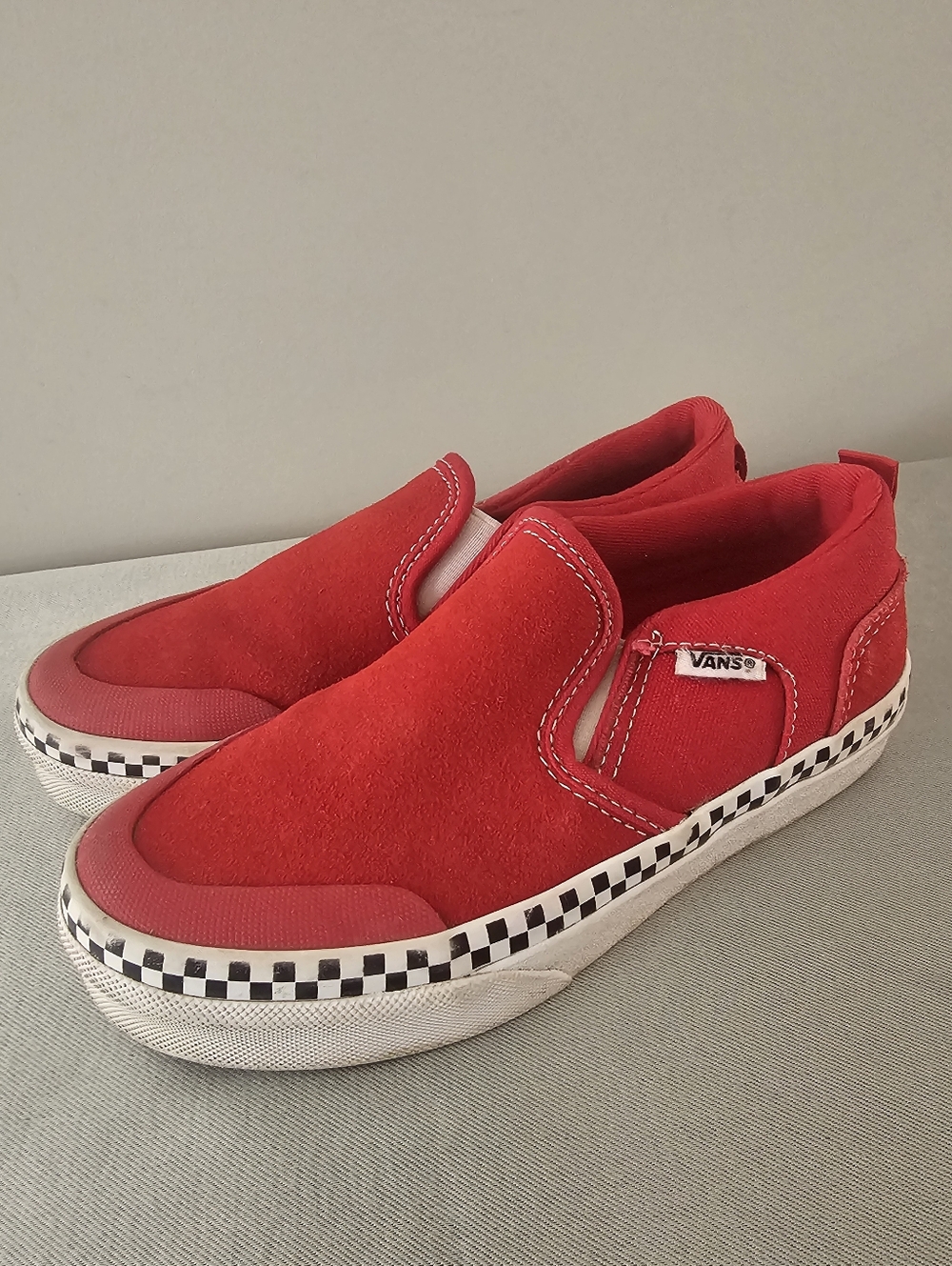 VANS Asher Red With Checkerboard Sole Youth Slip On Sneakers, Shoes